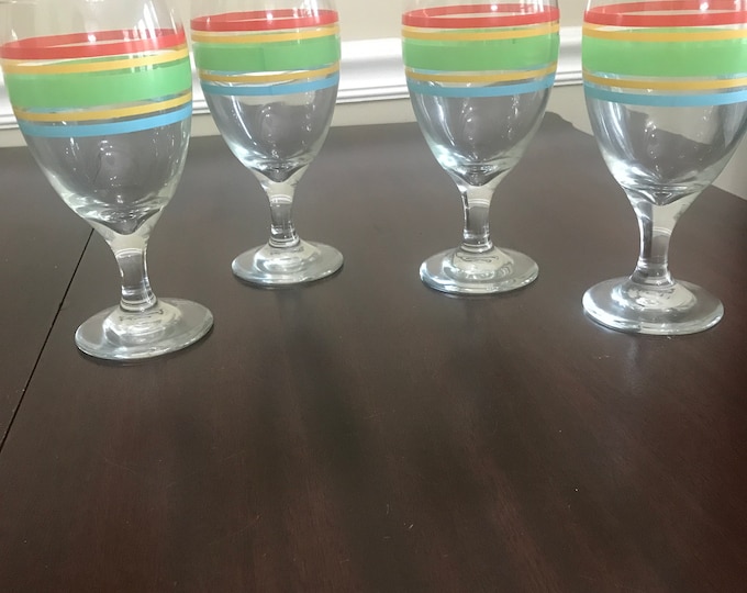 Vintage Water/ Wine Goblets, a Horizontal Band of Red, Yellow, Green, and Light Blue Surround the Goblets Bowl