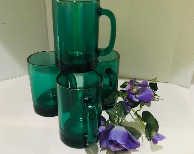 Vintage Emerald Green Coffee Cups, Mugs, Libbey's Juniper Green Mugs, Gold Edge Green Holiday Coffee Cup