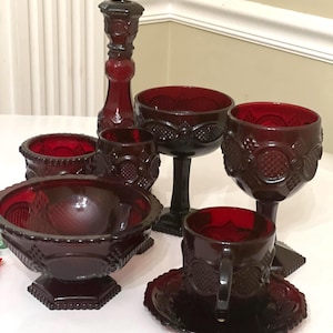 Vintage Avon Cape Cod Ruby Red Glassware: Candlestick, Goblet, Bowl