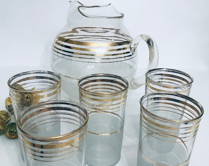 Vintage Frosty Ball Pitcher and Tumblers/ Barware/ Ice Tea