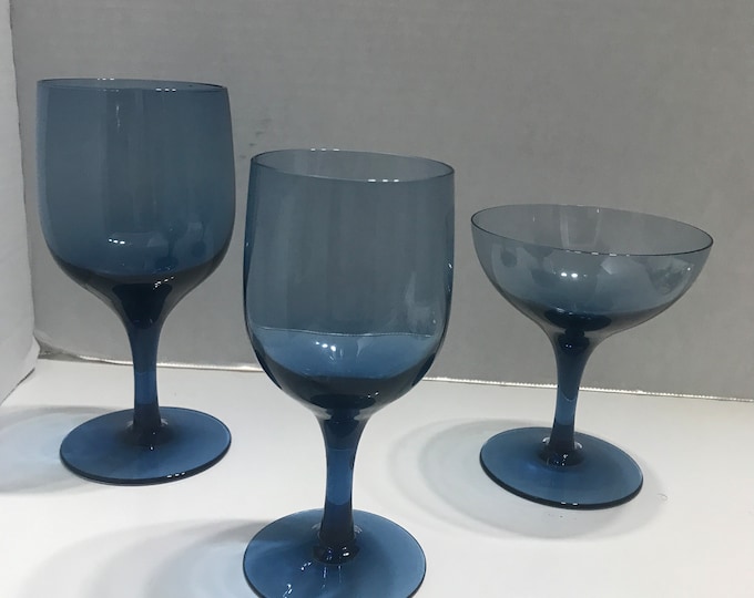 Vintage Crystal Blue Shadow Champagne  Goblets, Wine, and Water Goblets