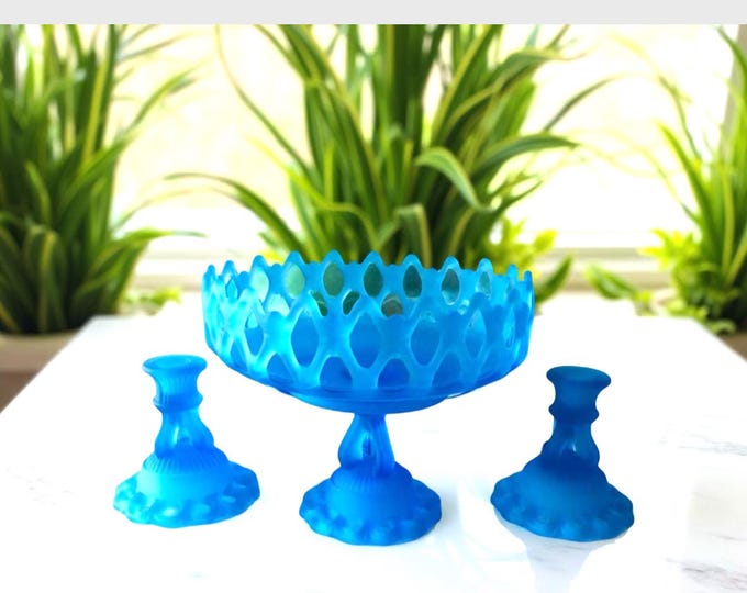 Vintage Westmoreland Frosty Blue  Doric Open Lace Console Set, Bowl and Candlestick