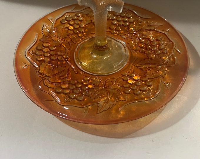 Carnival Marigold Orange Tray, Grape With Clear Handle by Imperial Glass, Peach Gold Iridescent Fruit Motif, Gift  for Mom