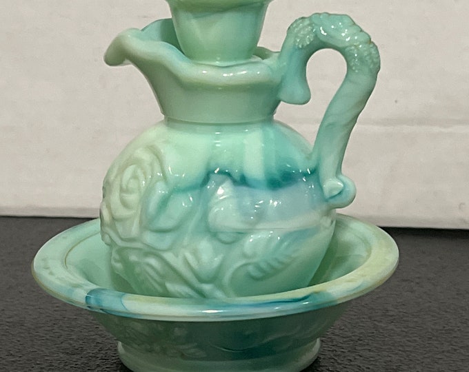 Vintage Avon Green  Pitcher and Bowl Set, Bathroom Vanity Jar, Dresser Set
