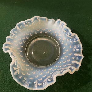 Fenton Blue Opalescent Ruffled Edge Hobnail Bowl or Candy Dish