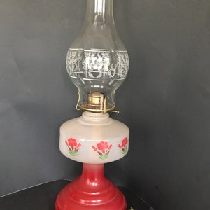 Vintage Oil Lamp, Paraffin Lamp,  Red Base Lamp,   Made in Thomaston CT, Eagle Burner, Laurel Leaf Tourch Chimney, Vintage Kerosene Lamp