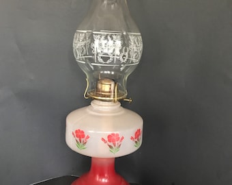 Vintage Oil Lamp, Paraffin Lamp,  Red Base Lamp,   Made in Thomaston CT, Eagle Burner, Laurel Leaf Tourch Chimney, Vintage Kerosene Lamp