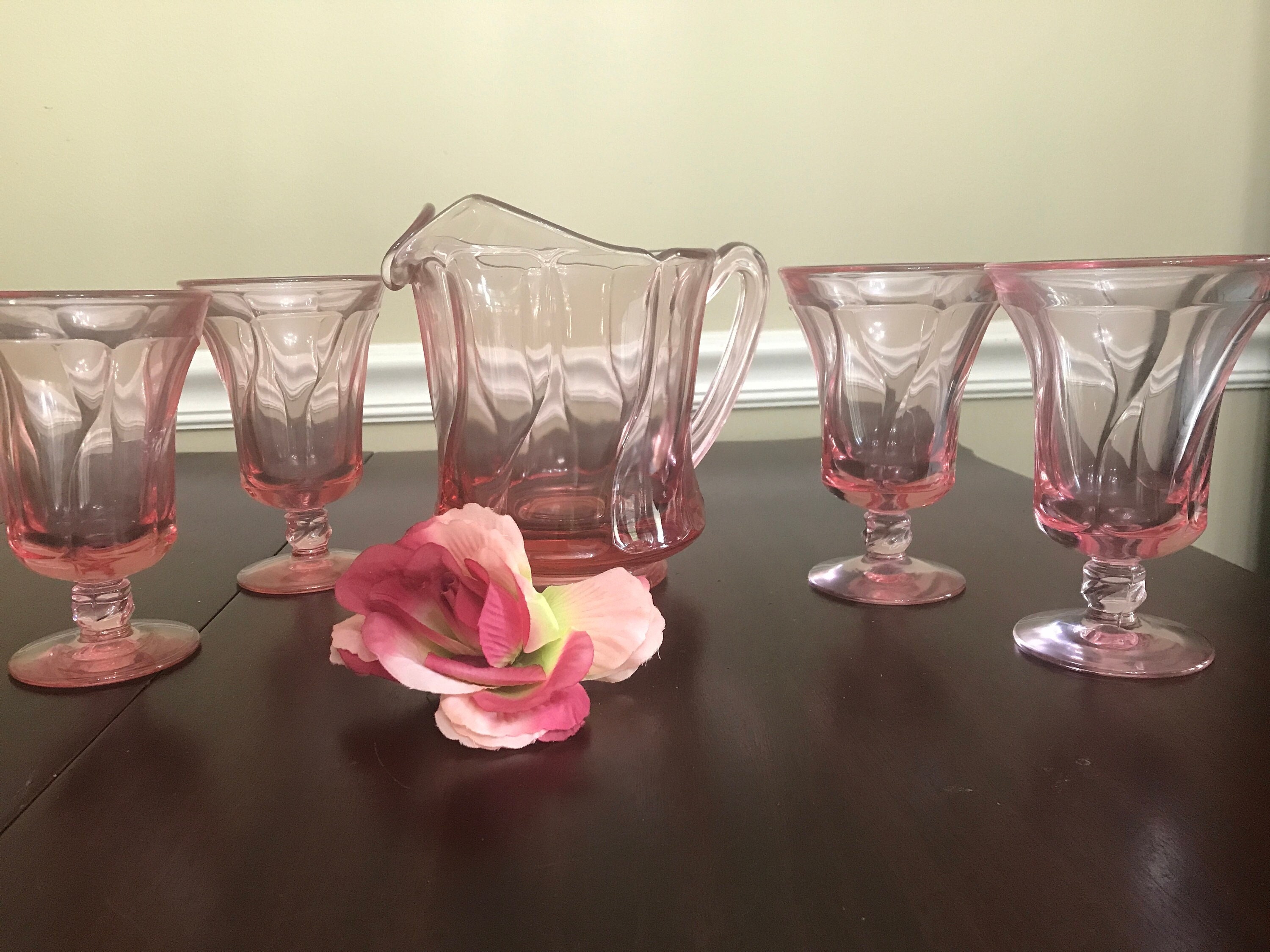 Vintage Pink Depression Glass Bedside Carafe and Tumbler Set Wild Rose –  Past Life Vintage
