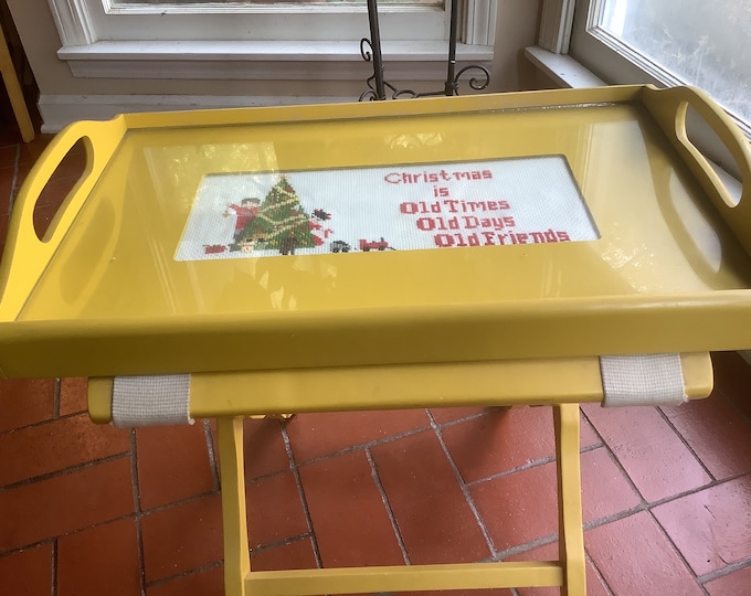 Folding Serving  Table /Tea Server with Glass Top/ Crochet Christmas Tree Decor, TV Tray
