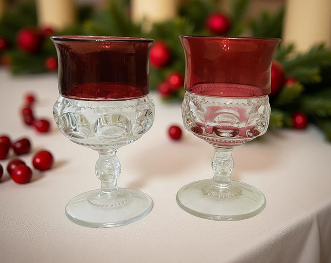 Tiffin-Franciscan King Crown Water Goblets, Wine Goblets Top Ruby- Cranberry Flash, No Flash Bottom Wine Glass
