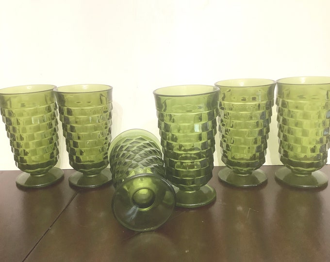 Colony Whitehall Avocado Green Cube Pitcher and Goblets, Tumblers, Coolers, Ice Tea, Water Tumblers, Gift