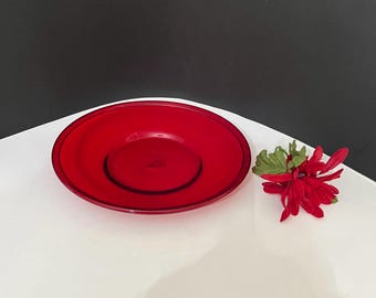 Plato vintage de vidrio artístico rojo rubí: ensalada, postre o bola de queso soplado a mano
