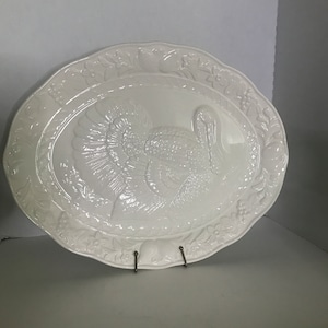 Vintage White Ceramic Turkey Platter Embossed