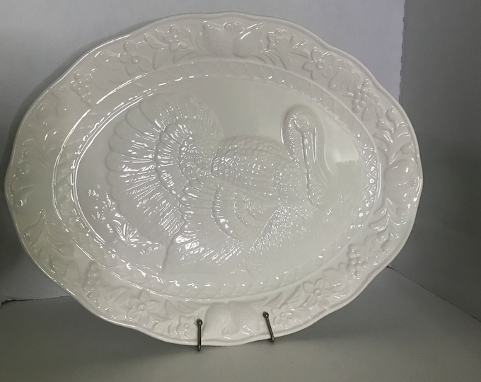 Vintage White Ceramic Turkey Platter Embossed