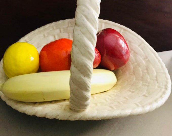 Vintage Atlantic Mold Ceramic Weaved Basket With Ceramic Fruit/ Centerpiece