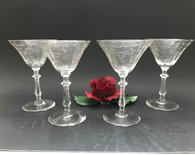 Eleanor Etched Goblets, Water, Ice Tea, and Liquor Cocktail Glasses by Glastonbury-Lotus Goblets