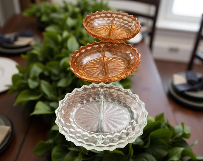 Indiana Glass Relish Dish: Cube Geometric Pattern, Two Section