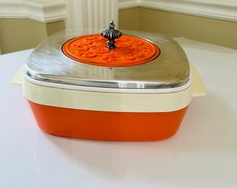 Spanische Sammlung von Gorham Auflaufform, versilberter orangefarbener Deckel, silberne Auflaufform mit Griffen