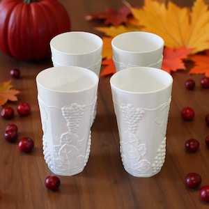 Vintage Indiana Harvest White Milk Glass Tumblers - Grape Motif, Set of 4