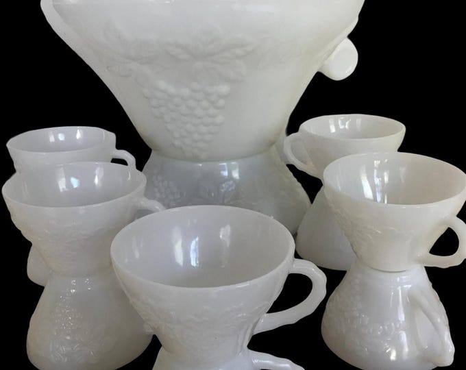 Anchor Hocking Harvest Milk Glass Punch Bowl Set