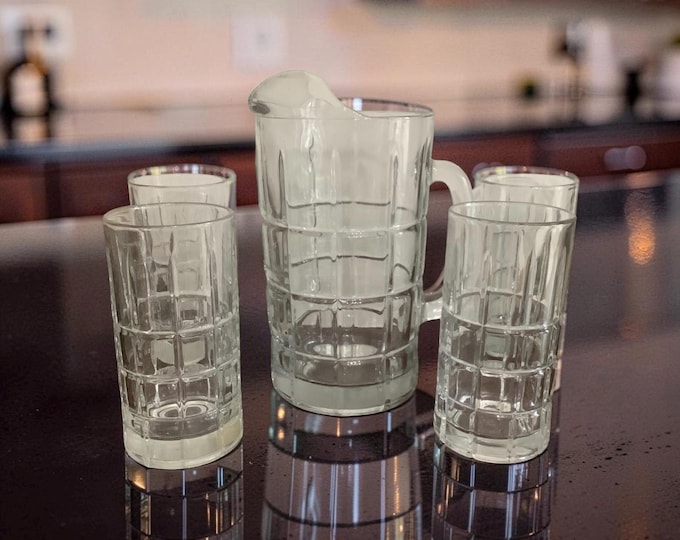 Anchor Hocking Tartan Manchester  Ice Tea Glasses, Highball Tumblers Matching   Pitcher
