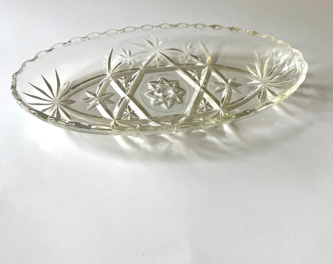 Anchor Hocking Prescut Clear Pickle Dish,  Relish Dish, Vintage Relish, Trinket Dish, Cut Glass Relish Dish