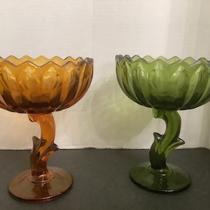 Indiana Glass Lotus Blossom Bowl; Green and Amber/ Compote, Pedestal Candy Dish