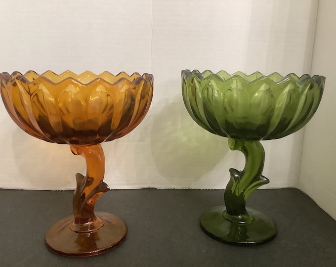 Indiana Glass Lotus Blossom Bowl; Green and Amber/ Compote, Pedestal Candy Dish