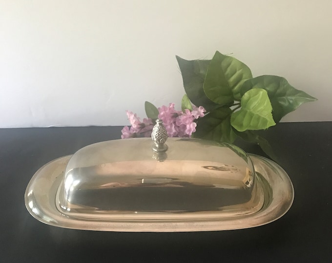 Vintage WM Roger Silver Plate  Butter Dish/ Pineapple Finial Glass Butter Dish Liner