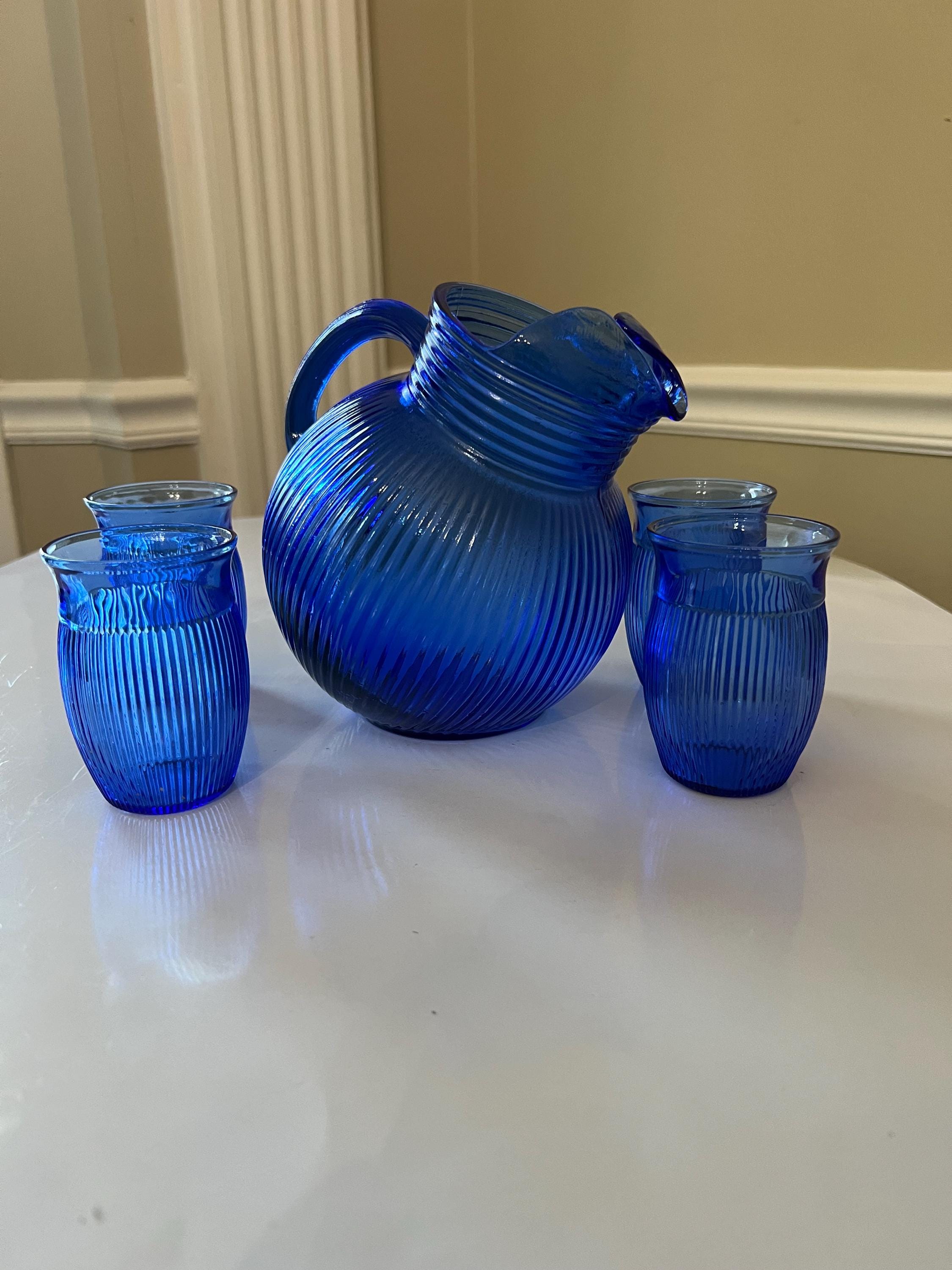 Vintage Hazel Atlas Cobalt Blue Ribbed Pitcher With Tumblers - Etsy