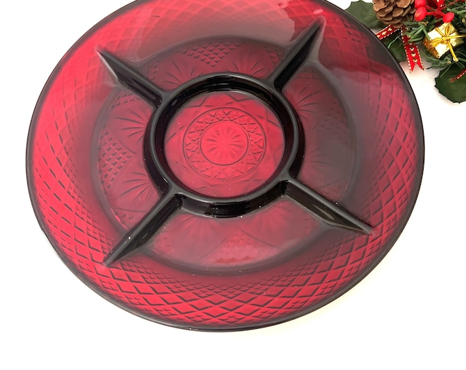 Cristal D’Arques Durand Ruby Red Relish Tray, Five-Sectionional Relish Dish, Vintage Ruby Red Relish Tray With Center Bowl