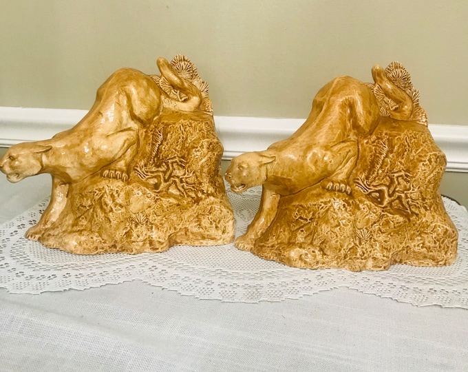 Vintage Ceramic Lion Bookends, Lion Mountian Bookends by Duncan Enterprises, 1979
