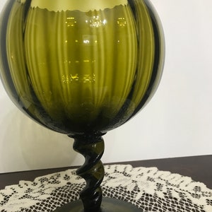 MCM Italian Empoli  Optic Green Ribbed Art Glass Pedestal Bowl