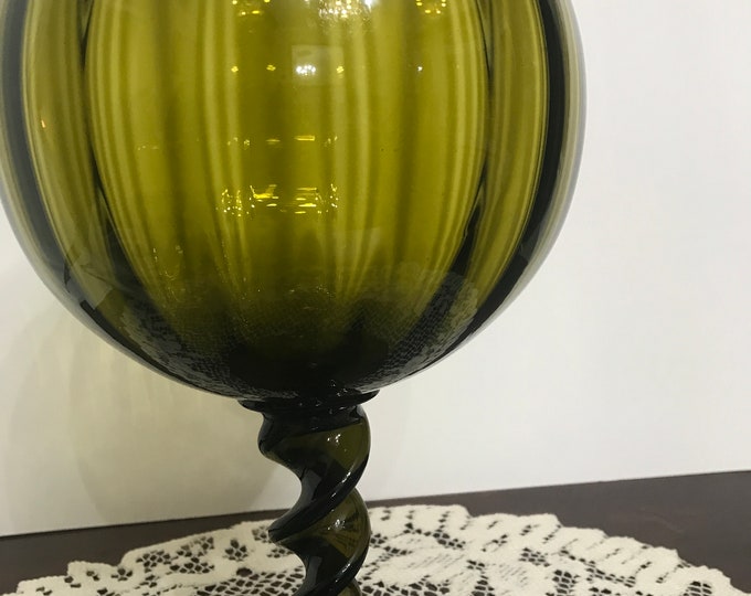 MCM Italian Empoli  Optic Green Ribbed Art Glass Pedestal Bowl
