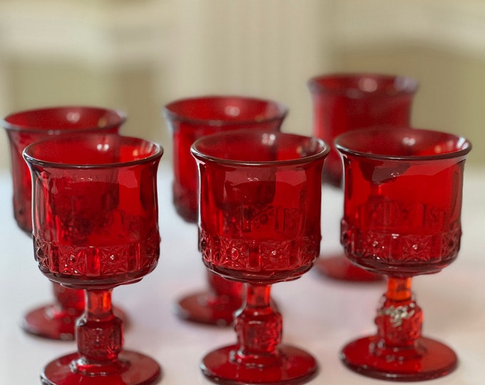 L. G. Wright Ruby Red Wine Goblets,  Glasses, Stars and Bars Daisy Cube Red Wine Goblets 1940-1960