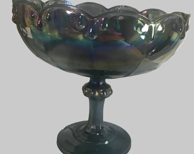 Blue Indiana Carnival Glass Pedestal Tear-Drop Bowl