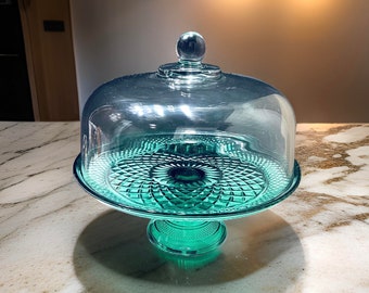 Vintage Anchor Hocking Wexford Teal Green Cake Stand with Clear Dome