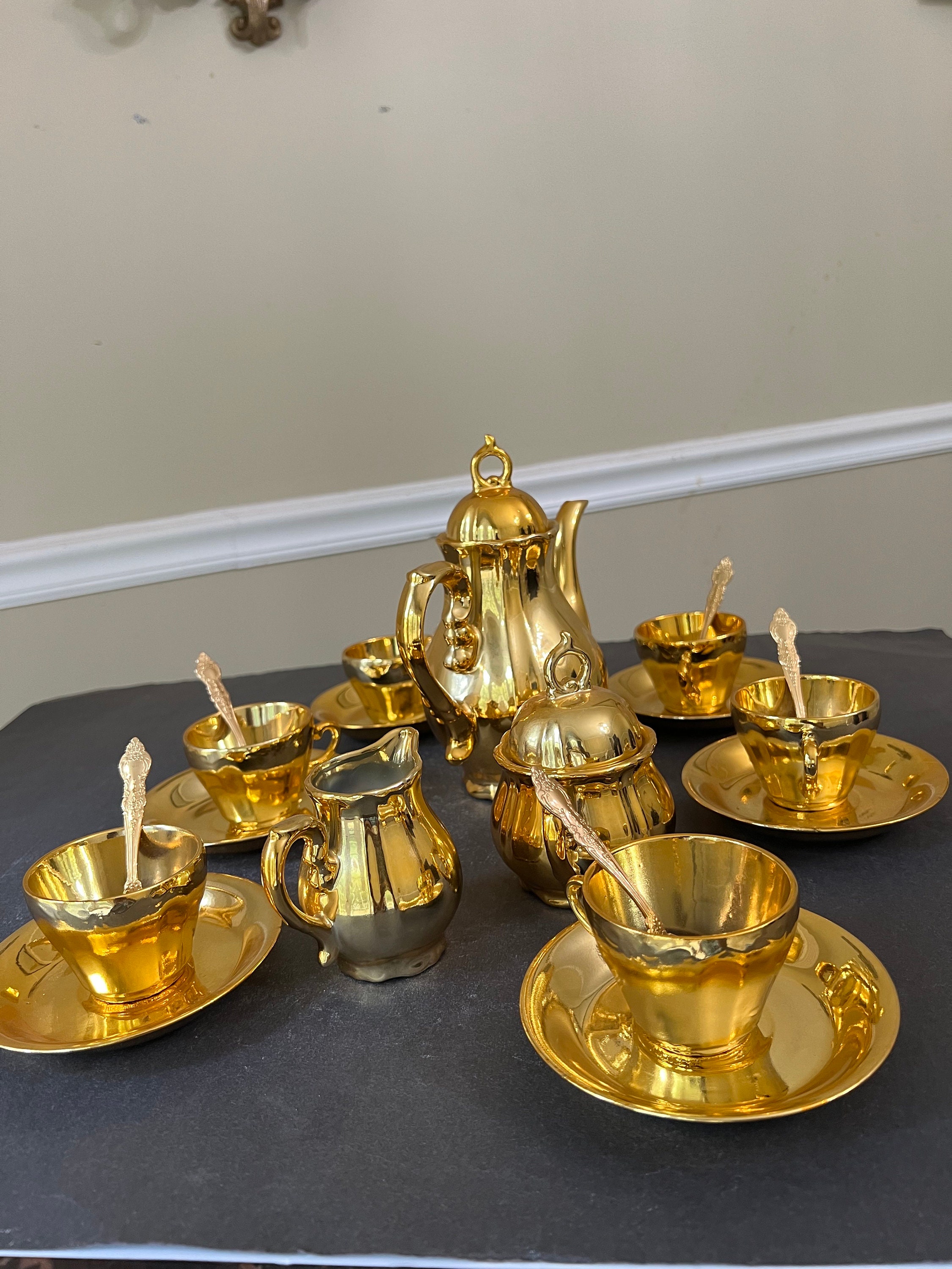 Vintage Gilded Gold Ceramic Musical Tea Set Dimatesse Cup Saucer Golden Barclay Spoons Creamer Sugar Bowl Coffee Pot Plays love Song Etsy UK
