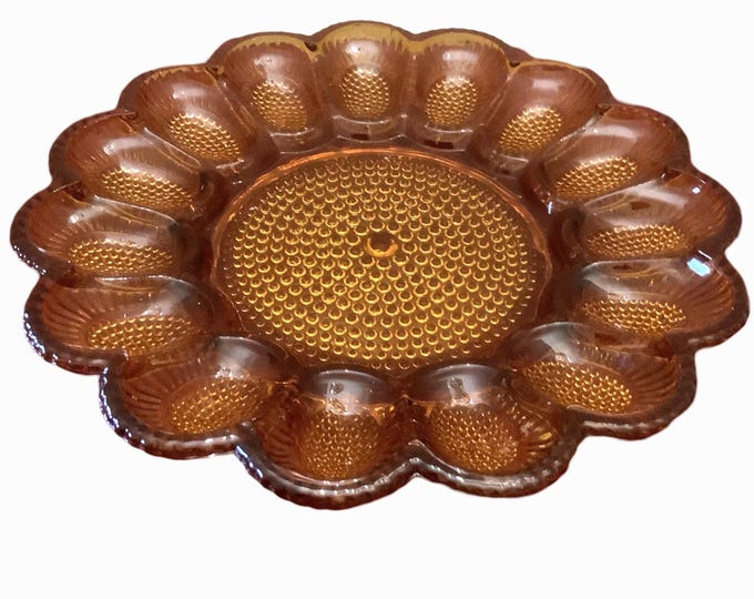 Indiana Glass Company Amber Hobnail Million Eyes Devil Egg Plate,  Oyster Plate, Easter Egg Display Plate