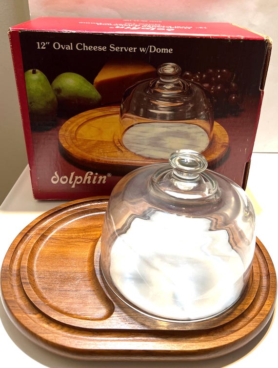 Vintage Teakwood 12” Cheese Dish, Marble Slab With Glass Dome