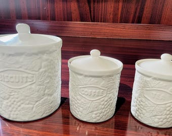 Set of 3 Embossed Ceramic Canisters, A. Santos Portugal, Tea, Coffee, Biscuit