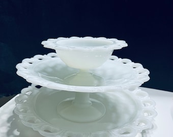 Assiette torte en verre de lait avec bord en dentelle Anchor Hocking, alias bols et plateau de service Old Colony, assiette de service de mariage, cadeau pour la cuisine