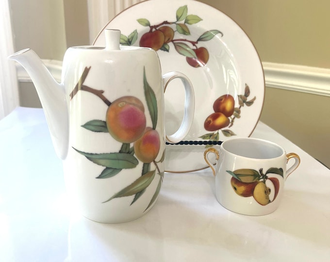 Royal Worcester's Evesham Gold Pasta Bowl, Large Rim Individual Pasta Bowl, Teapot, Arden Jam Jar, Marmalade Jar