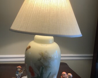 Asian Ginger Jar Table Lamp/ Iris and Poppy Design with Butterfly