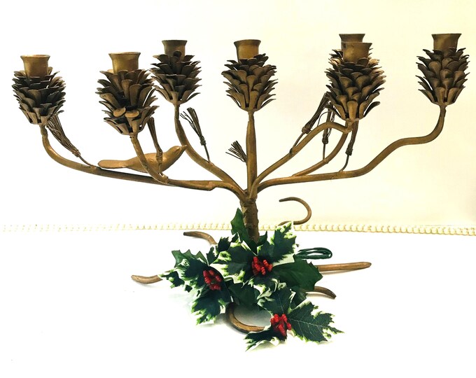 Vintage Metal Seven Arm Candelabra with Pinecones, Metal Pine Needles, Bird, Holiday Table Decor