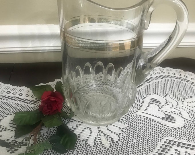 Antique EAPG Dakota Pitcher Clear Glass Gold Band Pitcher with Thumbprint Design