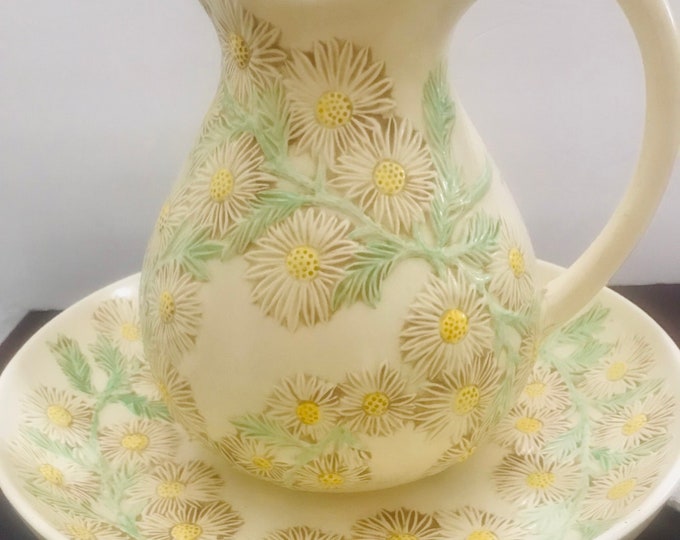 Vintage Sculptured Daisy Pitcher and Wash Basin