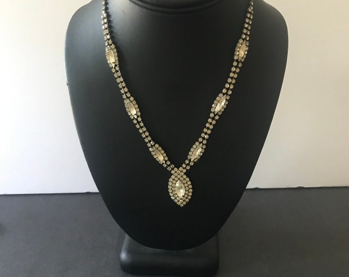 Vintage Clear Rhinestone Necklace/ V-Neckline Necklace/ Sparkle/ Glamorous