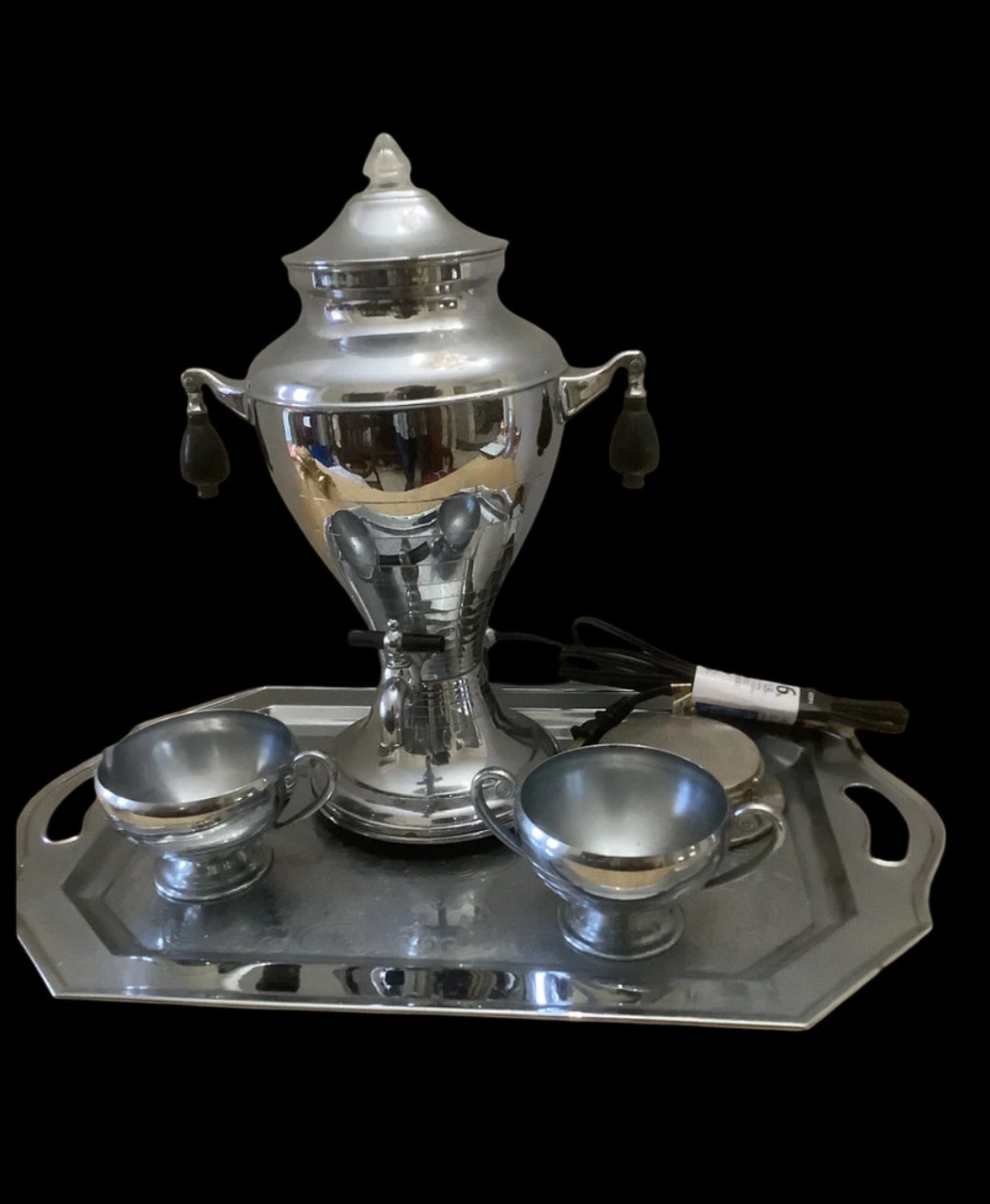 Art Deco Kromaster Coffee Percolator Set: Silver Plate Tray, Sugar 