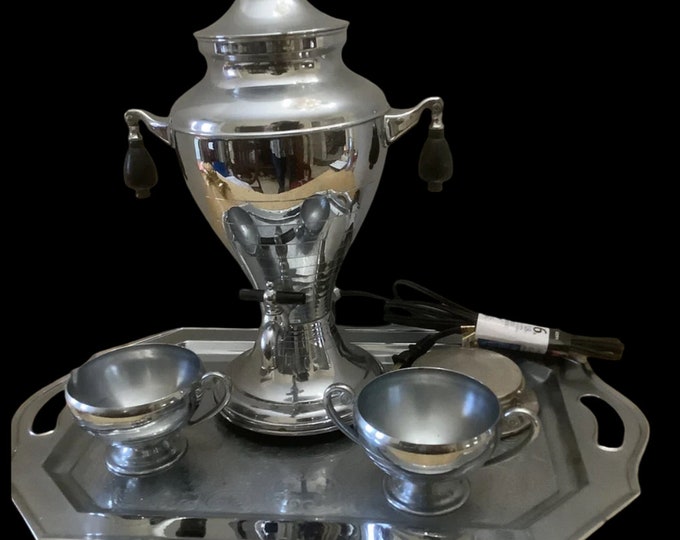 Lehman Brothers Kromaster Electric Coffee Percolator,  With Silver Plate Sugar and Creamer Bowl,   Coasters, and Silver Plate Under Tray